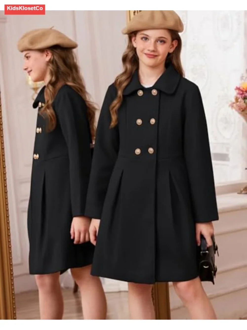 Girls Wool Peacoat with Lapel Pockets Winter Long Jacket Kids Size 6-14